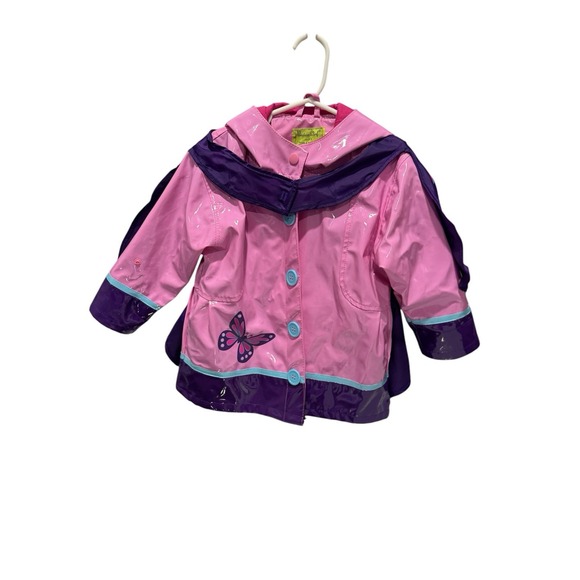 Western Chief Kids Girls Hooded Pink Butterfly Rain Coat Jacket Button Sz 3T‎ - Picture 1 of 8
